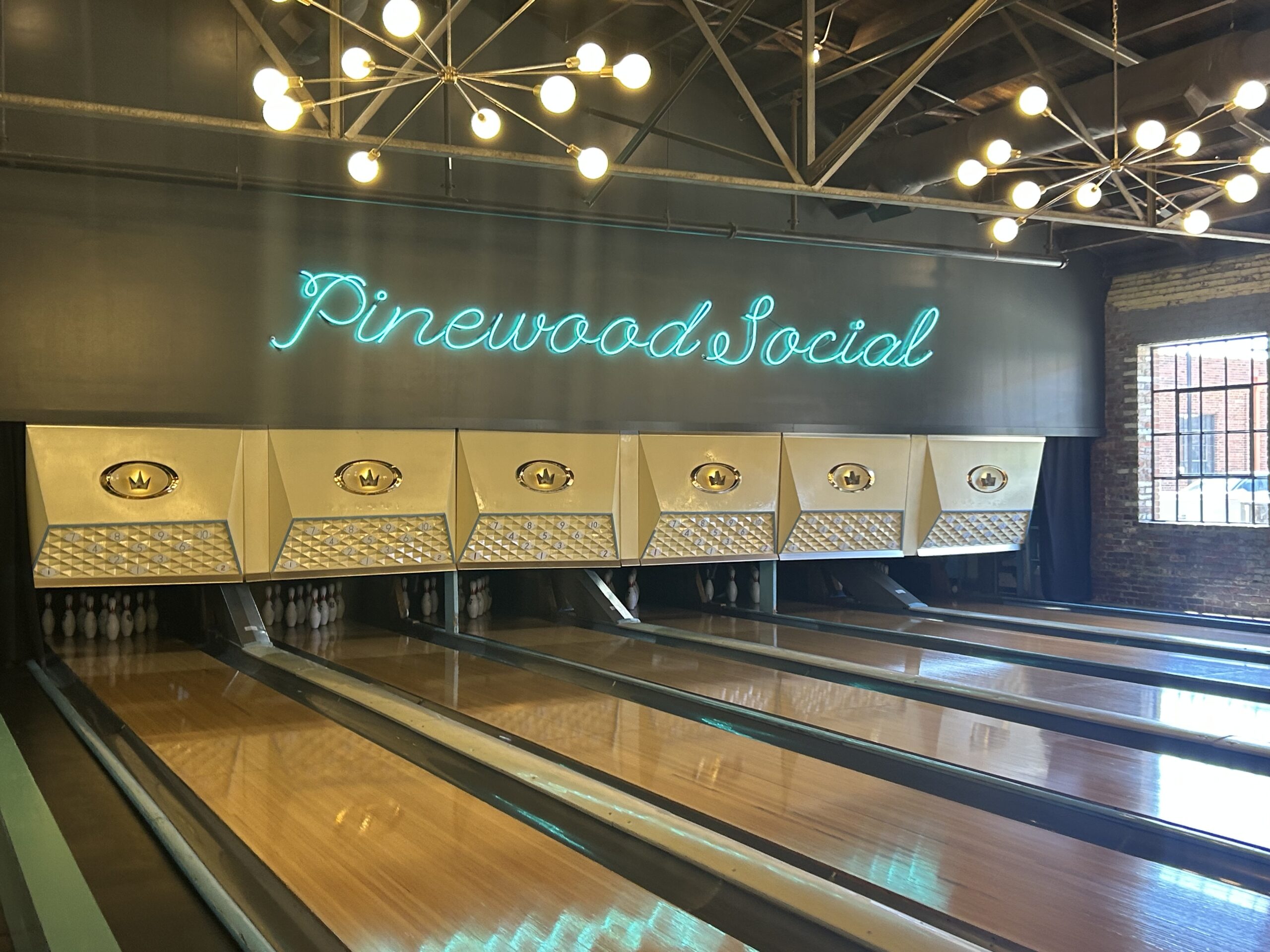 Pinewood Social bowling alley in the back of the restaurant