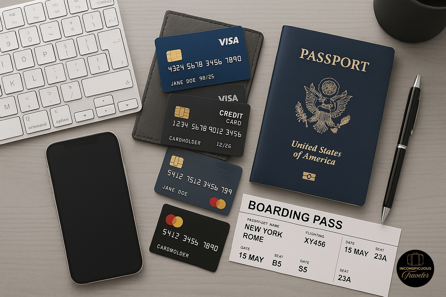 credit cards, boarding pass, passport